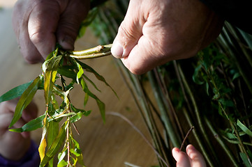 Image showing Man teaching child making a wicker basket