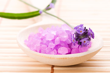 Image showing lavender flower and bath salt. spa and wellness