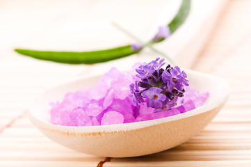 Image showing lavender flower and bath salt. spa and wellness