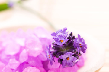 Image showing lavender flower and bath salt. spa and wellness