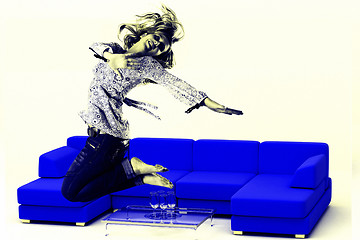 Image showing blue sofa woman