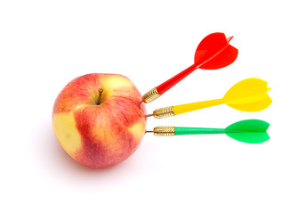 Image showing Apple with three darts 