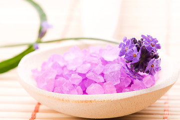 Image showing lavender flower and bath salt. spa and wellness