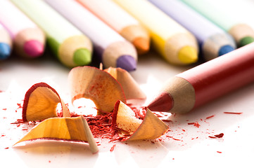 Image showing Sharpened pencils and wood shavings