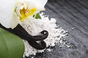 Image showing vanilla beans with aromatic sugar and flower