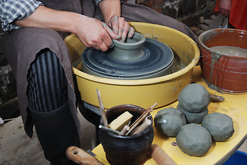 Image showing potter's wheel and hands of craftsman