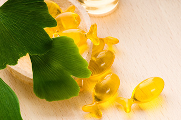 Image showing ginko biloba essential oil with fresh leaves - beauty treatment