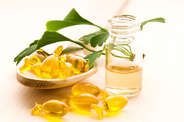 Image showing ginko biloba essential oil with fresh leaves - beauty treatment 