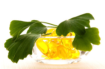 Image showing ginko biloba essential oil with fresh leaves - beauty treatment 