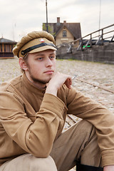 Image showing Retro style picture with resting soldier.