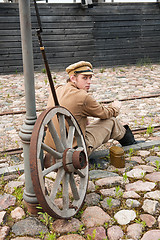 Image showing Retro style picture with resting soldier.