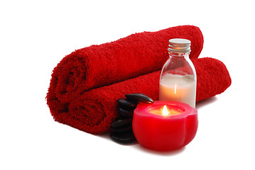 Image showing Romantic Valentine Day SPA set with candle including heart shaped towel moisturizer and pebbles