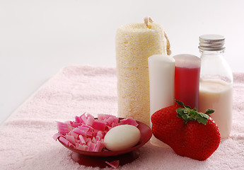 Image showing Romantic pink SPA set with huge strawberry