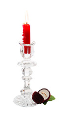 Image showing Romantic proposal with candle in glass candlestick and golden ring in rose shaped box