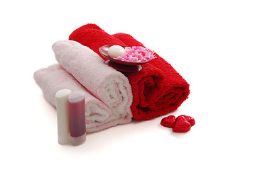 Image showing Romantic Valentine Day SPA set with two heart shaped towels