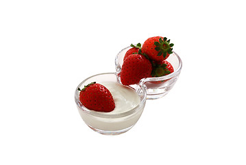 Image showing Strawberries with cream in double glass bowl