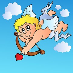 Image showing Cupid shooting with bow on blue sky