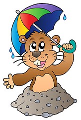 Image showing Cartoon groundhog with umbrella