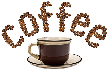 Image showing Word of coffee beans with a cup of coffee