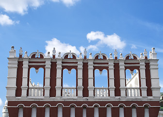 Image showing Blue sky peeps through window gates on watch tower of Kremlin.