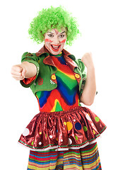 Image showing Portrait of joyful female clown. Isolated