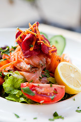 Image showing Delicious smoked salmon salad