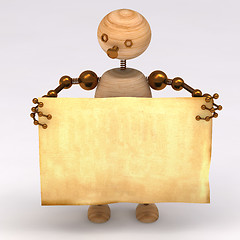 Image showing Wood man holding a blank board