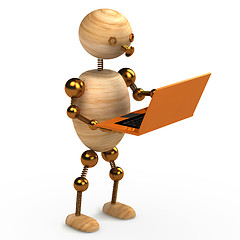 Image showing wood man with orange laptop