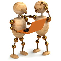 Image showing wood man with orange laptop