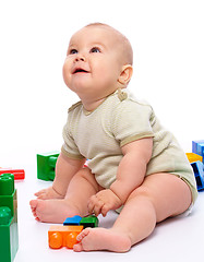 Image showing Little boy with building bricks