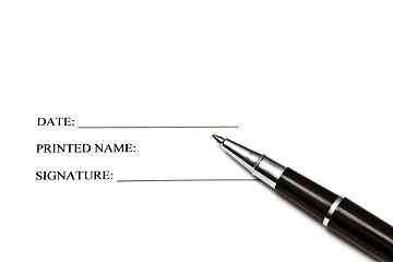 Image showing Pen isolated on a blank signature paper 