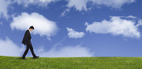 Image showing Businessman walking on the grass