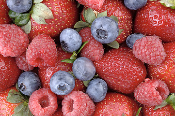 Image showing A mouthwatering horizontal display of the strawberry, blueberry, and raspberry. (macro, 12MP camera)