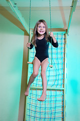 Image showing child at her home sports gym swinging