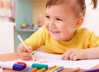 Image showing Little girl draw with felt-tip pen