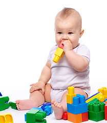 Image showing Little boy with building bricks