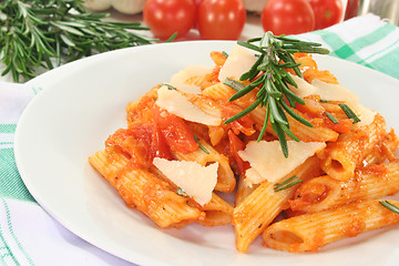 Image showing Penne with tomatoes and Parmesan