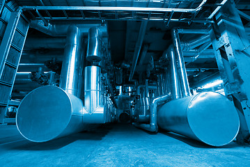 Image showing Industrial zone, Steel pipelines in blue tones  