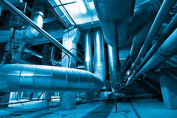 Image showing Industrial zone, Steel pipelines in blue tones  