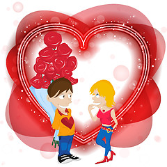 Image showing Young Couple in Love with Flowers. Happy Valentine's Day Card.