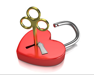 Image showing Opened red lock formed as heart with a golden key in a keyhole