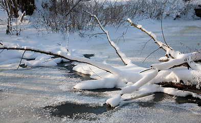 Image showing Snowy partly frozen river in december