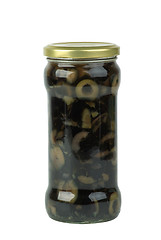 Image showing Glass jar with sliced black olives