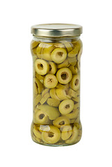 Image showing Glass jar with sliced green olives