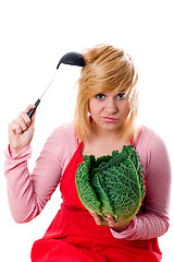 Image showing woman with fresh savoy cabbage and ladle