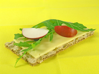 Image showing crispy bread with rucola and radish