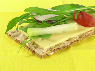 Image showing  crispy bread  with rucola and radish