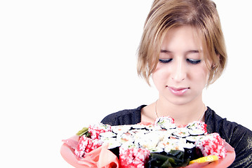 Image showing girl with sushi  