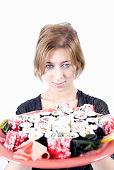 Image showing girl with sushi  