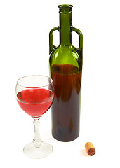 Image showing Red wine bottle, glass and stopper